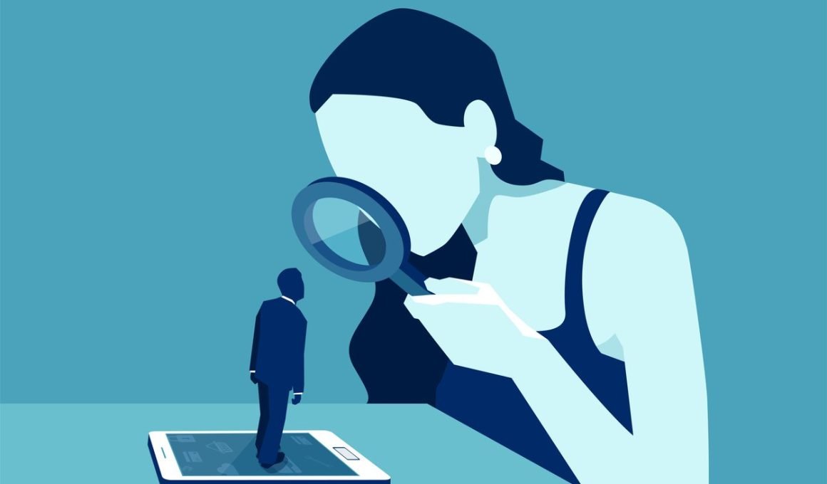 Vector of a woman with magnifying glass looking at a man standing on a modern gadget device, smartphone or tablet