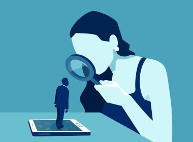 Vector of a woman with magnifying glass looking at a man standing on a modern gadget device, smartphone or tablet