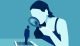 Vector of a woman with magnifying glass looking at a man standing on a modern gadget device, smartphone or tablet